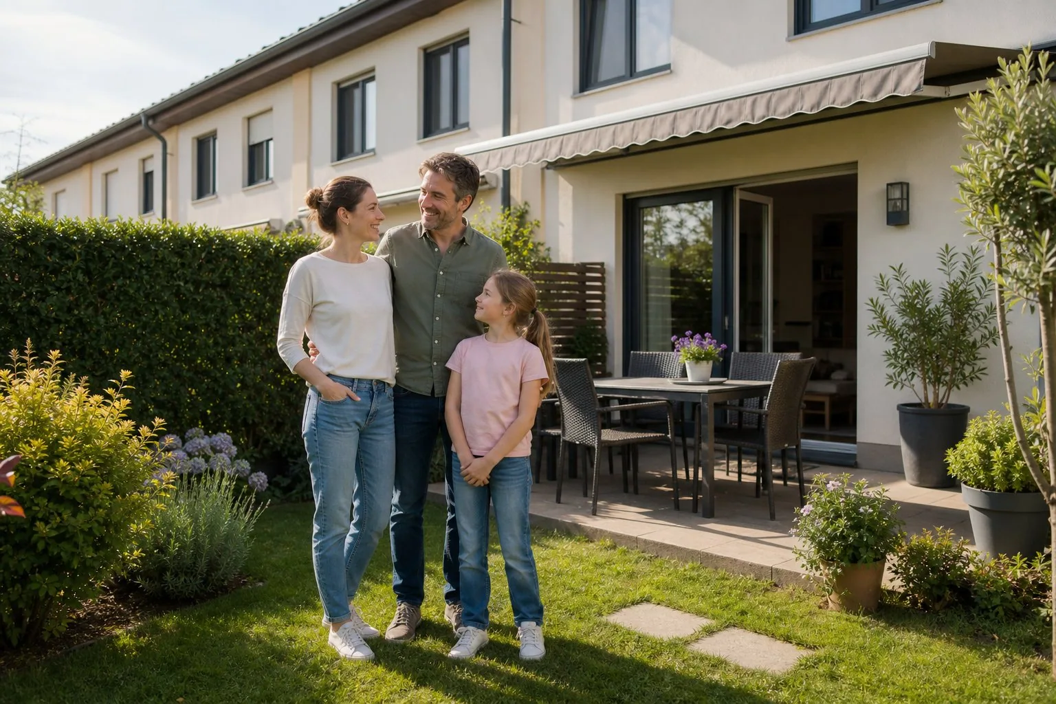 Verkaufsberaterin am Gartentor eines gepflegten Hauses
